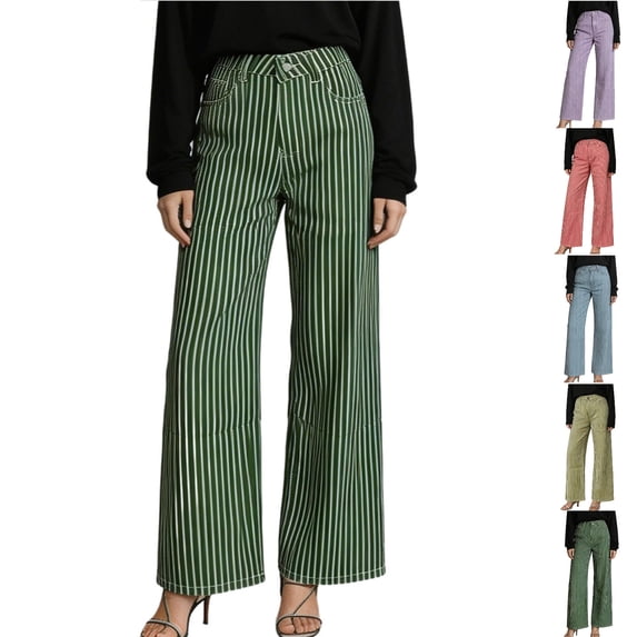 Tsivenald Womens Jeans High Waist Vertical Striped Print Button Fly Flared Leg Classic Five Pocket Denim Casual Pants