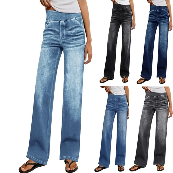 Tsivenald Womens Jeans Ultra High Rise Straight Leg Pants Pull On Denim Pants No Button Fly Relaxed Fit Travel Trousers Pants for Women