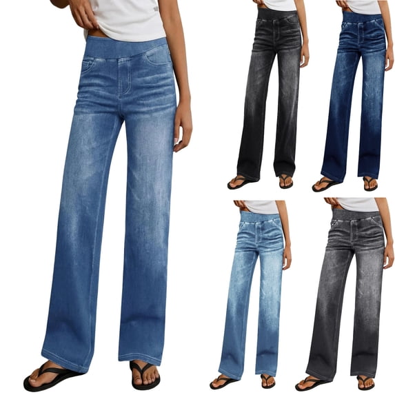 Tsivenald Womens Jeans Ultra High Rise Straight Leg Pants Pull On Denim Pants No Button Fly Relaxed Fit Travel Trousers Pants for Women