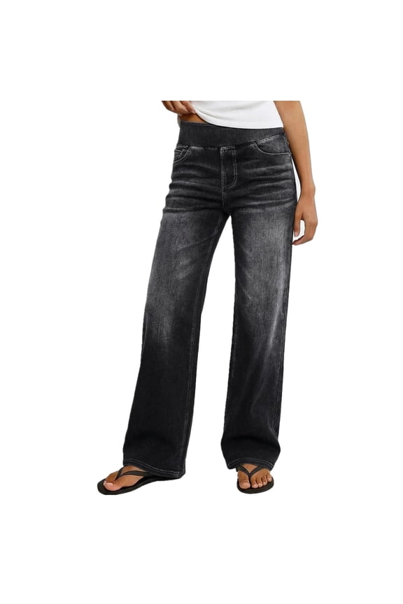 Womens Jeans Ultra High Rise Straight Leg Pants Pull On Denim Pants No Button Fly Relaxed Fit Travel Trousers Pants for Women