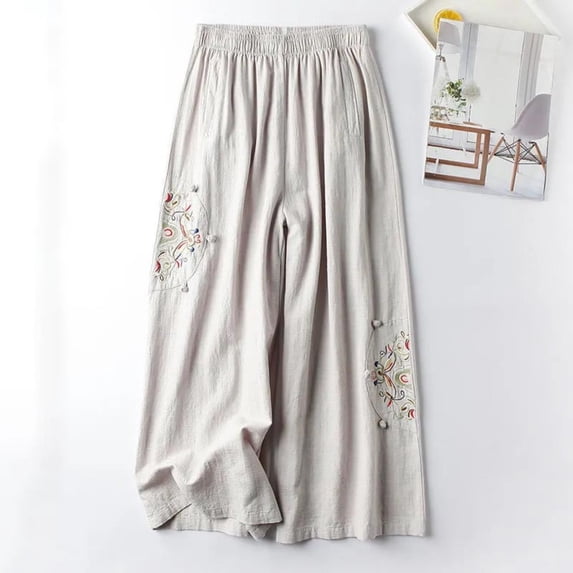 Tsivenald Womens Linen Embroidered Cropped Wide Leg Pants Elastic High Waist Folk Floral Embroidery Capri Casual Summer Pants