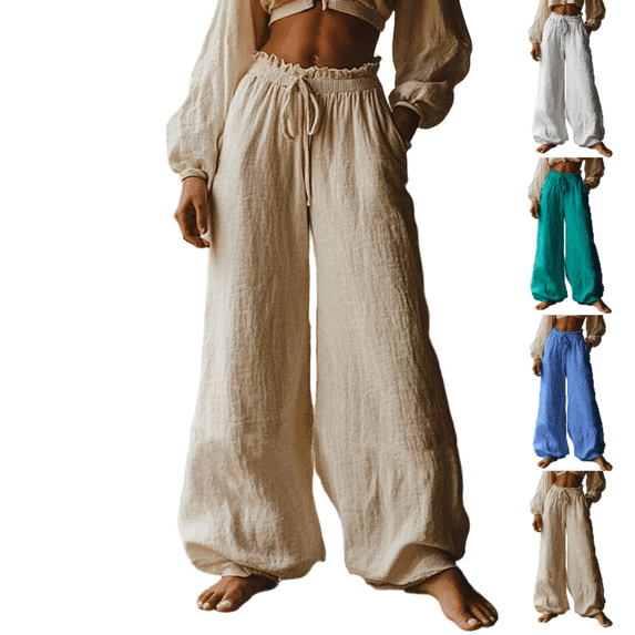 Tsivenald Womens Linen Pants Elastic Drawstring Waist Textured Fabric Loose Wide Leg Lightweight Boho Beach Casual Trousers