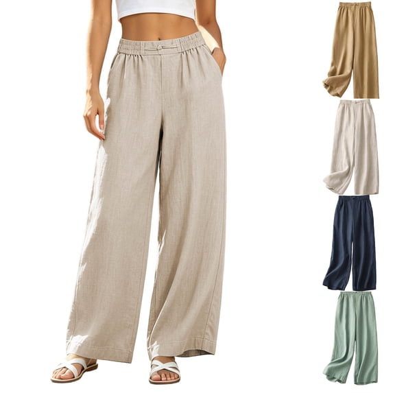Tsivenald Wide Leg Pants for Women Linen Lightweight Breathable Pants Elastic Waist Baggy Trousers with Pockets