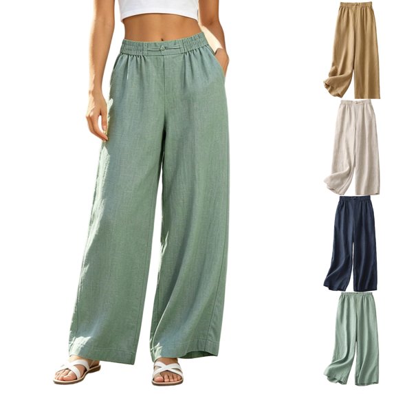 Tsivenald Wide Leg Pants for Women Linen Lightweight Breathable Pants Elastic Waist Baggy Trousers with Pockets