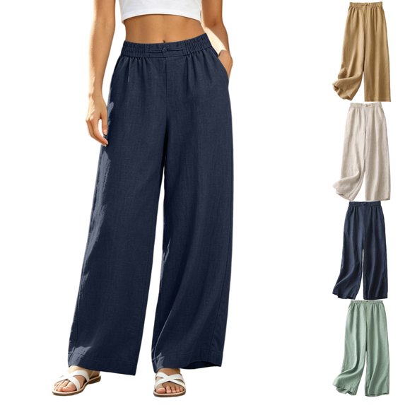 Tsivenald Wide Leg Pants for Women Linen Lightweight Breathable Pants Elastic Waist Baggy Trousers with Pockets