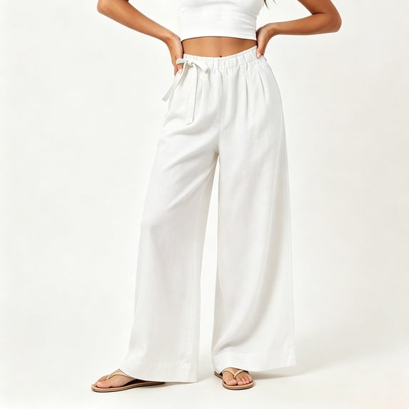 Tsivenald Womens Linen Wide Leg Pants Elastic Drawstring Waist Lightweight Breathable Summer Beach Casual Trousers