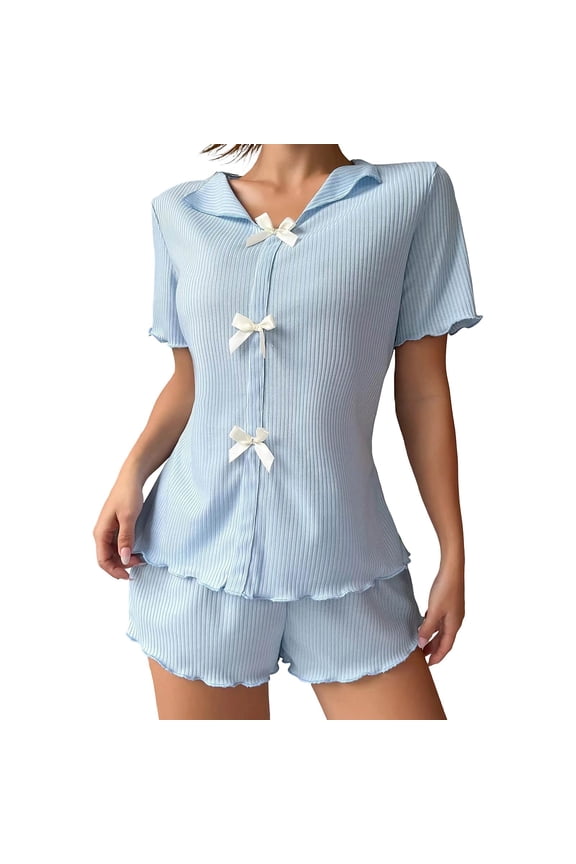 Womens Pajama Sets Ribbed Knit Notch Collar Top and Shorts with Bow Detail and Ruffle Trim Lightweight Pjs Sets for Women