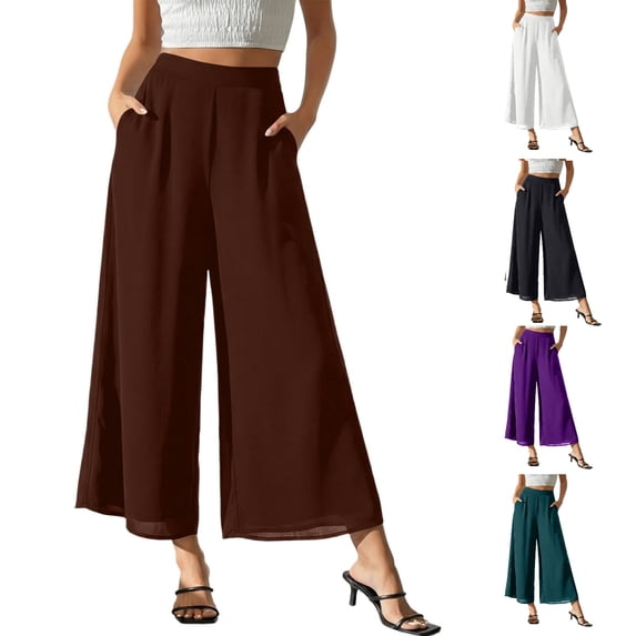Tsivenald Womens Pants High Waist Flowy Chiffon Cropped Wide Leg Solid Color Lightweight Dressy Summer Culottes