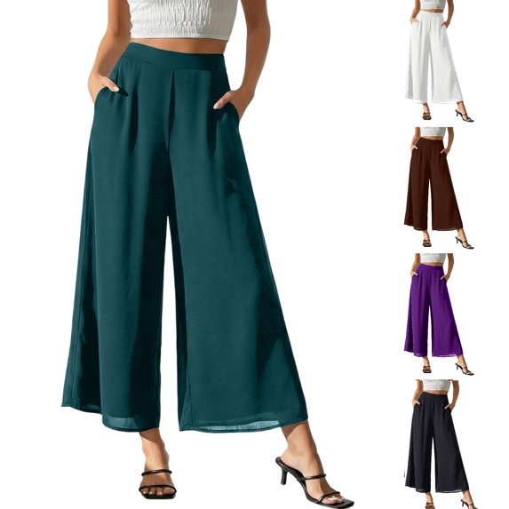 Tsivenald Womens Pants High Waist Flowy Chiffon Cropped Wide Leg Solid Color Lightweight Dressy Summer Culottes