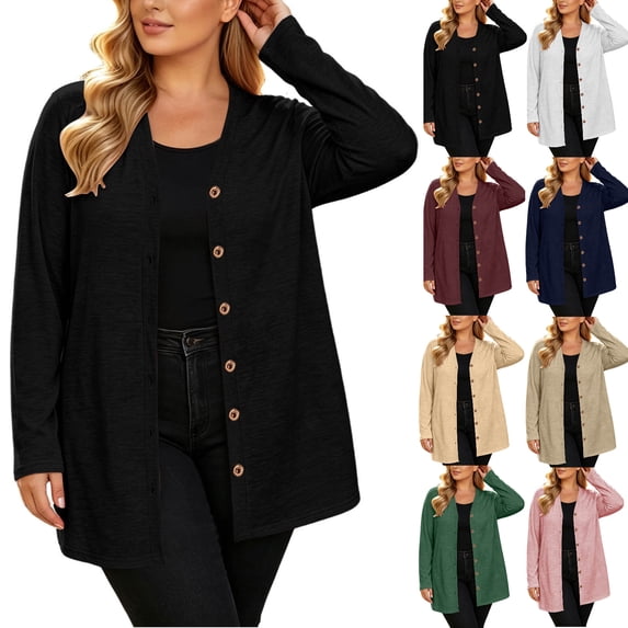 Tsivenald Womens Plus Size Cardigan Long Sleeve Button Down Tunic Sweater with Pockets Soft Casual Outerwear for Women, (Black Size S-XXL)