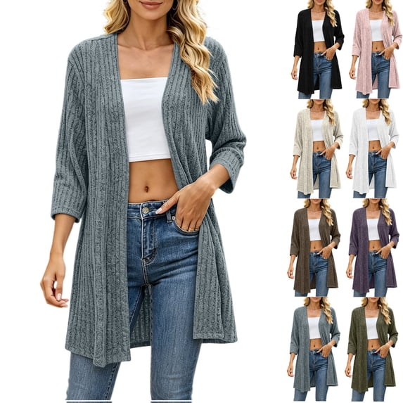 Tsivenald Womens Ribbed Knit Open Front 3/4 Sleeve Cardigan Sweater with Pockets - Lightweight Long Sleeve Outfits for Women, (Light Blue Size S-XXL)