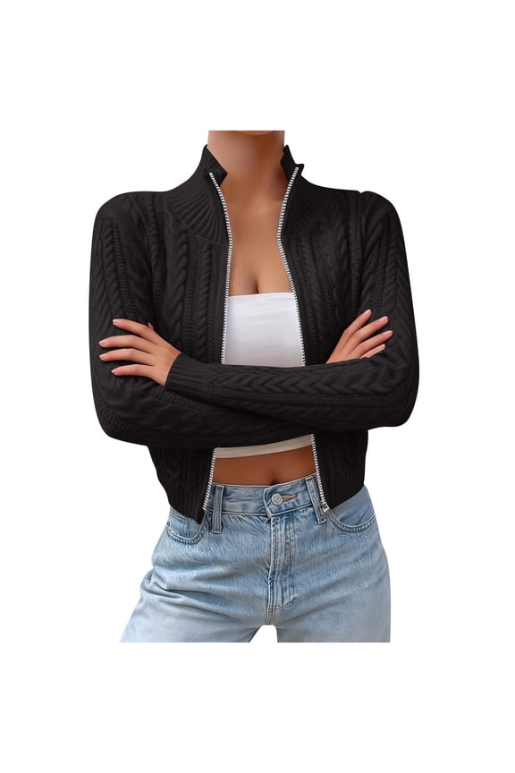 Womens Zip Up Sweaters Jacket Cable Knit Chunky Cardigan Sweater with Pockets Fall Winter Clothes