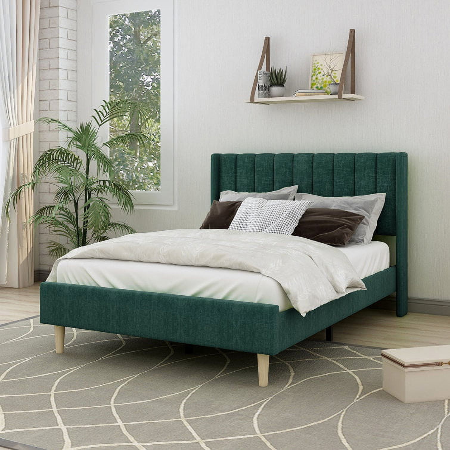 Tslinn Full Size Low Profile Upholstered Platform Bed With Ink Green
