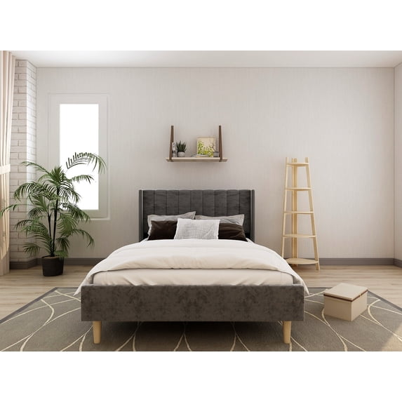 Tslinn Low Profile Full Modern Velvet Upholstered Platform Bed, Dark Gray