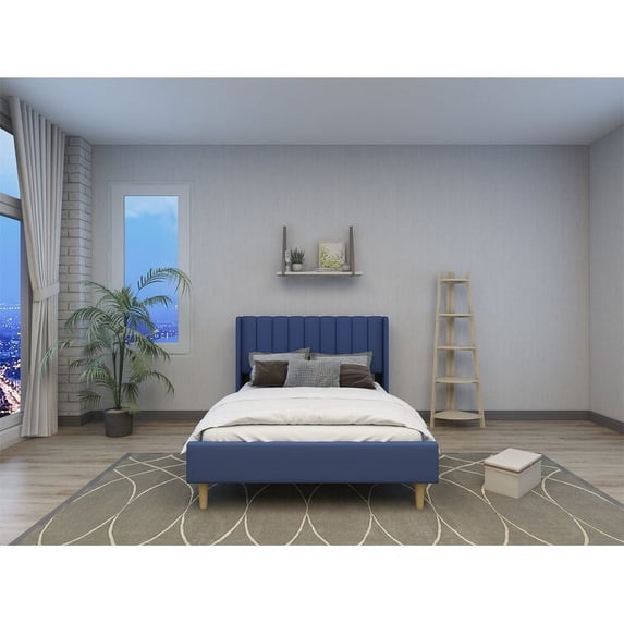 Tslinn Low Profile Upholstered Platform Bed,Full Beds With Dark-Blue(Linen)