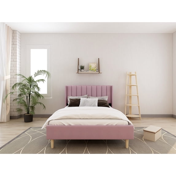 Tslinn Low Profile Upholstered Platform Bed,Full Beds With Pink(Velvet)
