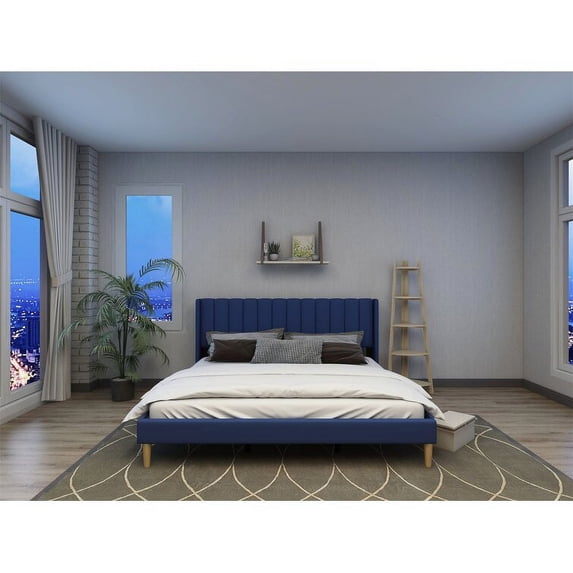 Tslinn Low Profile Upholstered Platform Bed,King Beds With Dark-Blue(Linen)