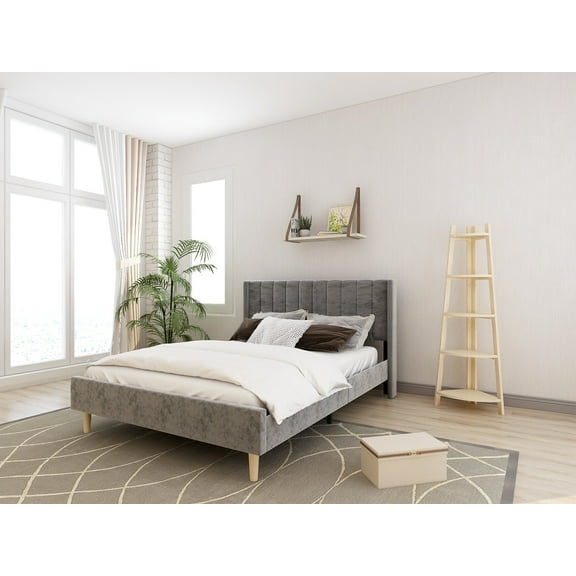 Tslinn Low Profile Upholstered Platform Bed,Queen Beds With Dark-Grey(Velvet)
