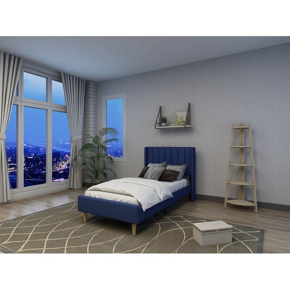 Tslinn Low Profile Upholstered Platform Bed,Twin Beds With Dark-Blue(Linen)