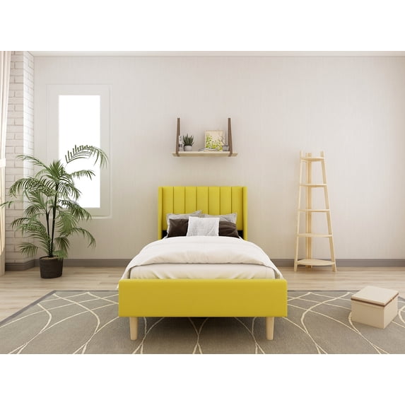 Tslinn Low Profile Upholstered Platform Bed,Twin Beds With Yellow Color(Velvet),