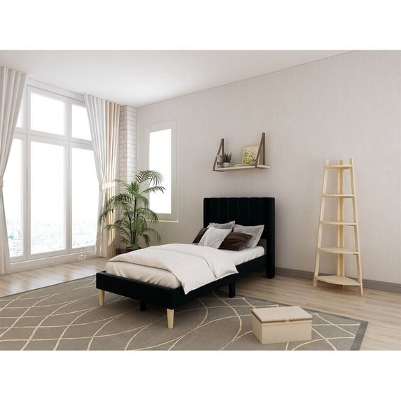 Tslinn Low Profile Upholstered Platform Bed,Twin Beds With Black(Linen)