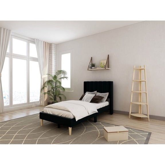 Tslinn Low Profile Upholstered Platform Bed,Twin Beds With Black(Linen)