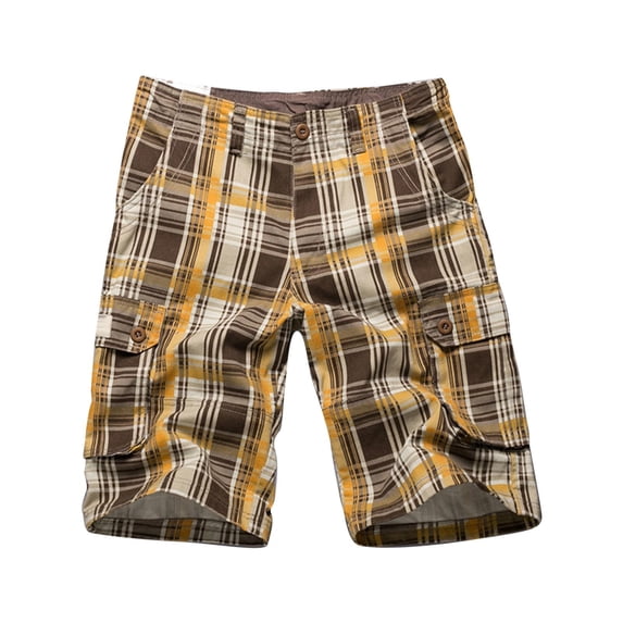 Tslinn Men’s Classic Cargo Stretch Shorts, Multi Pocket, Checkered, Yellow
