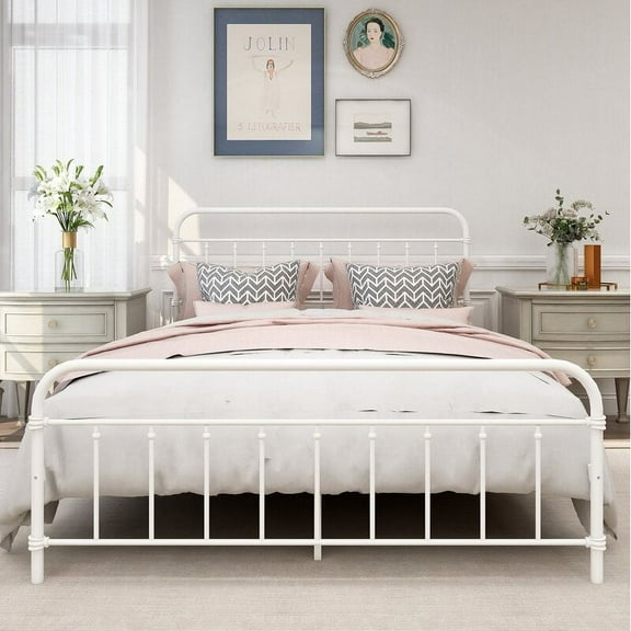 Tslinn Metal Queen Bed Frame with Headboard and Footboard,White Color,Classic Style