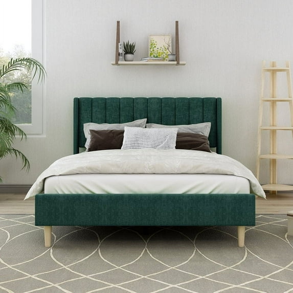 Tslinn Queen Size Low Profile Upholstered Platform Bed With Ink Green Color(Velet)