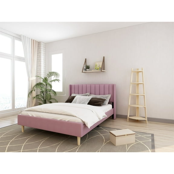Tslinn Queen Valvet Platform Bed with Tools & Slats, Pink