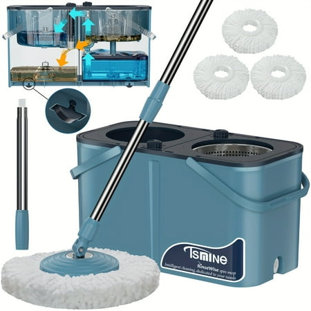 Tsmine RinseWise 4-Chamber Spin Mop & Bucket Set with Wringer - Efficient Dirt Separation, 360° Rotating Mop for Effortless Cleaning, Includes 3 Replacement Heads, Extendable 62" Handle