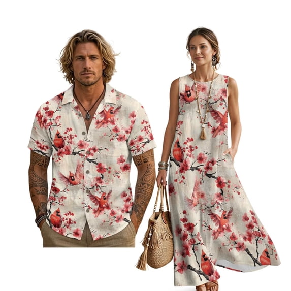 Tsovthrid Cardinal Cherry Blossom Print Linen-Like Shirts for Couples Matching Set, Men's Button Down Shirt or Women's Sleeveless Maxi Dress, Family Matching Outfits for Husband and Wife, 2XL
