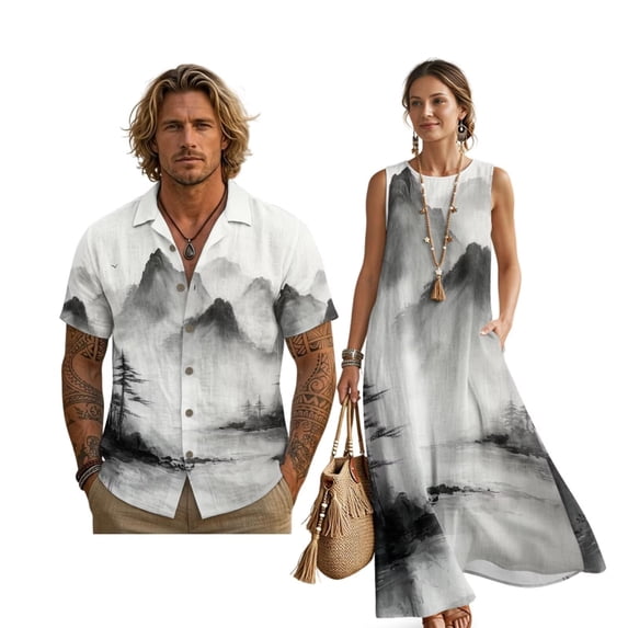 Tsovthrid Ink-Wash Mountain Print Linen-Like Matchable Couple Men Short Sleeve Shirt Women Sleeveless Sundresses Summer Boho Shirt Dress with Pockets Travel Outfit for Husband and Wife, S