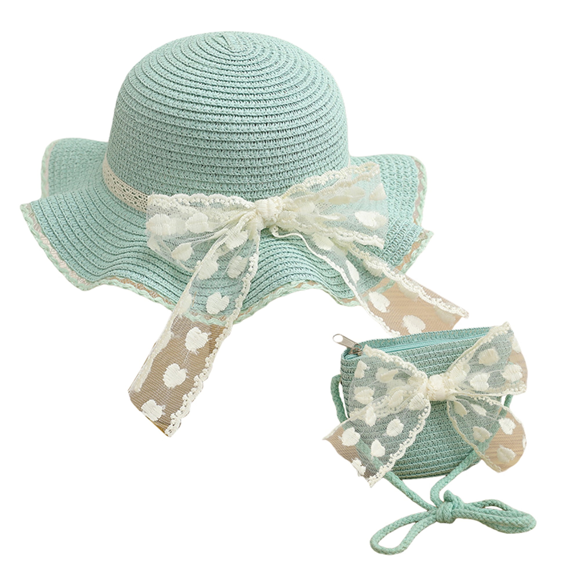 Tsseiatte Girl Summer Straw Hat and Bag Set Lace Bow Wide Brim Cap with