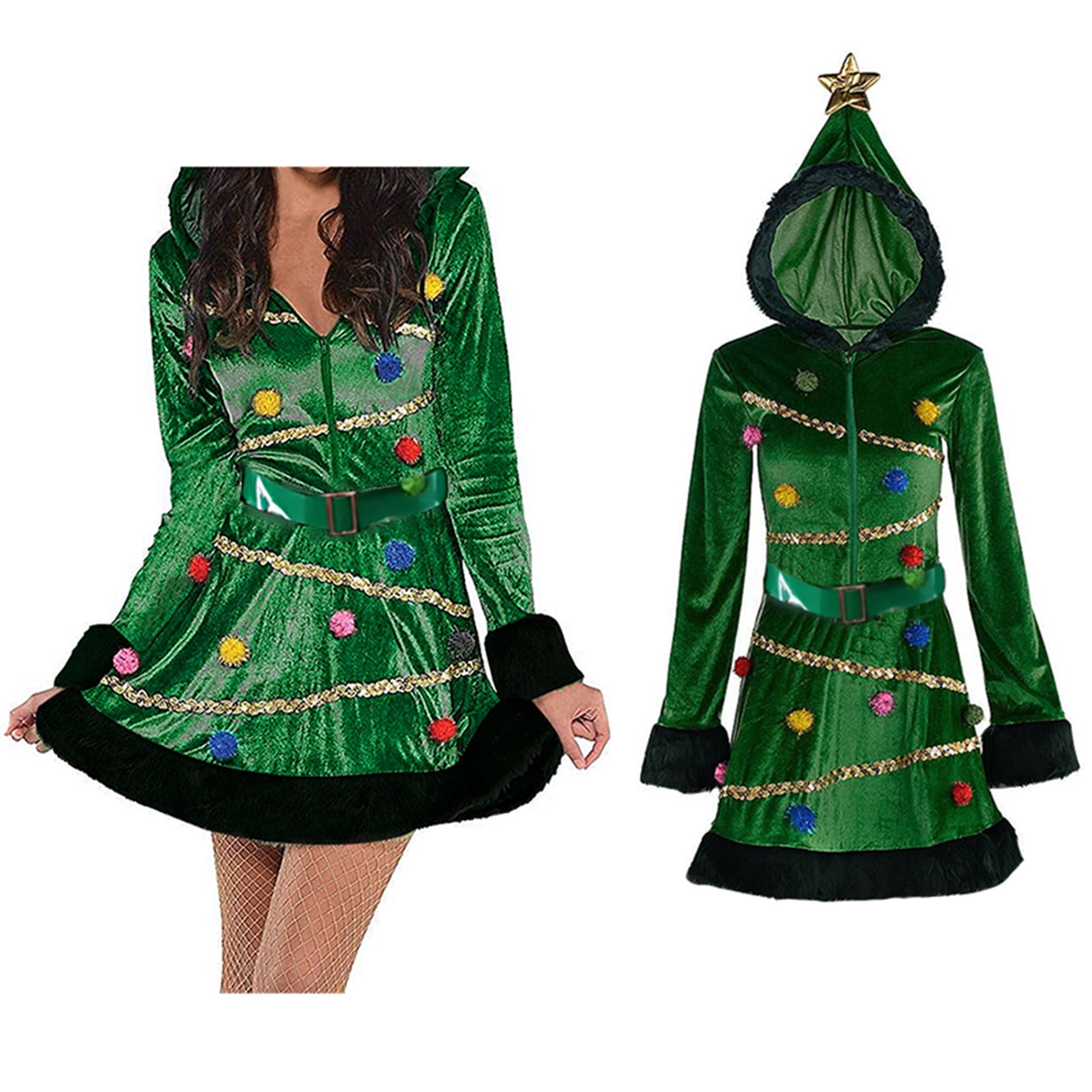Tsseiatte Women Christmas Tree Dress, Adult Hooded Sequin Fancy Costume with Belt, Pompom