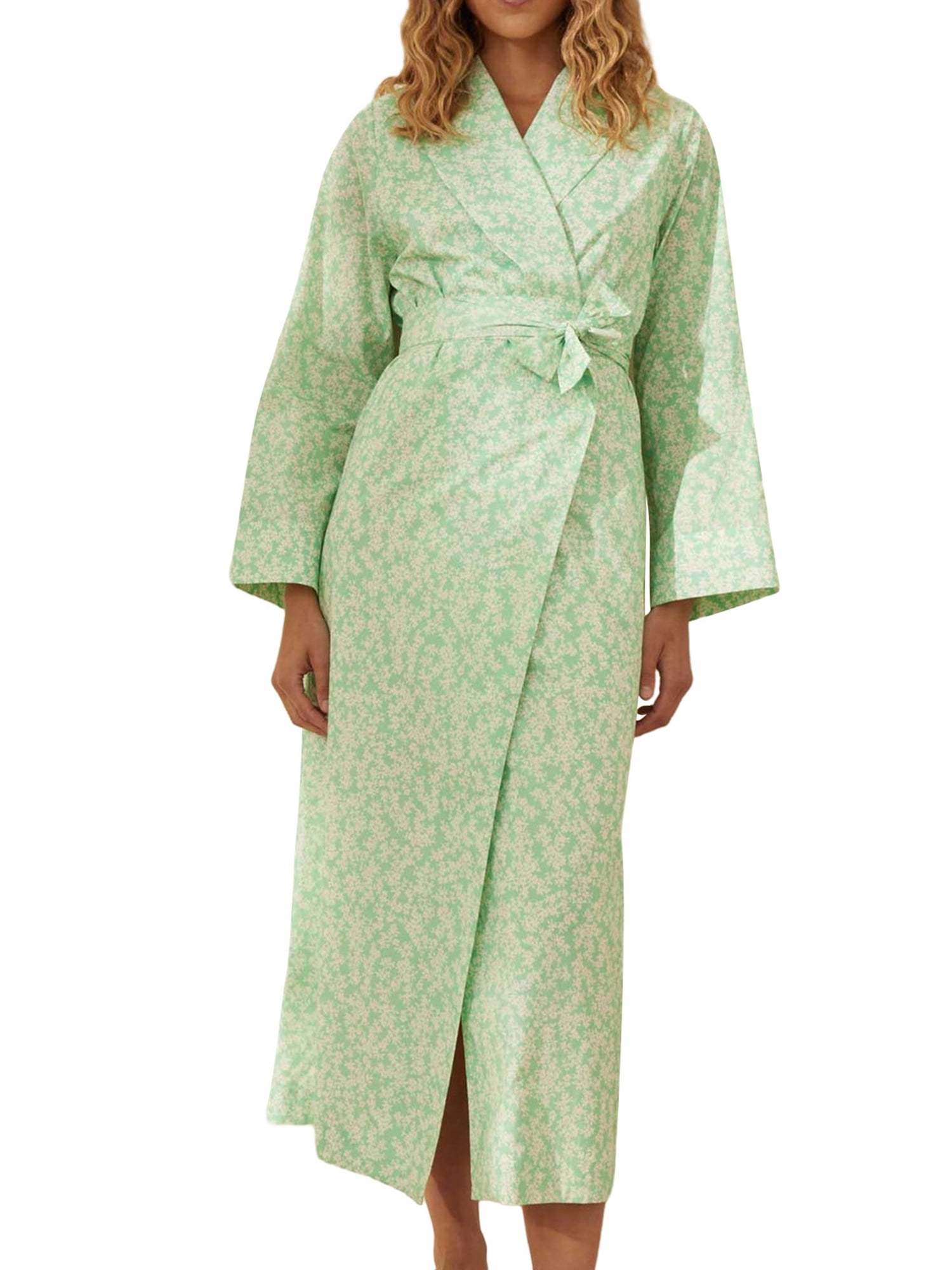 Tsseiatte Women Cozy Home Robe Kimono Collar Floral Print Long Sleeve