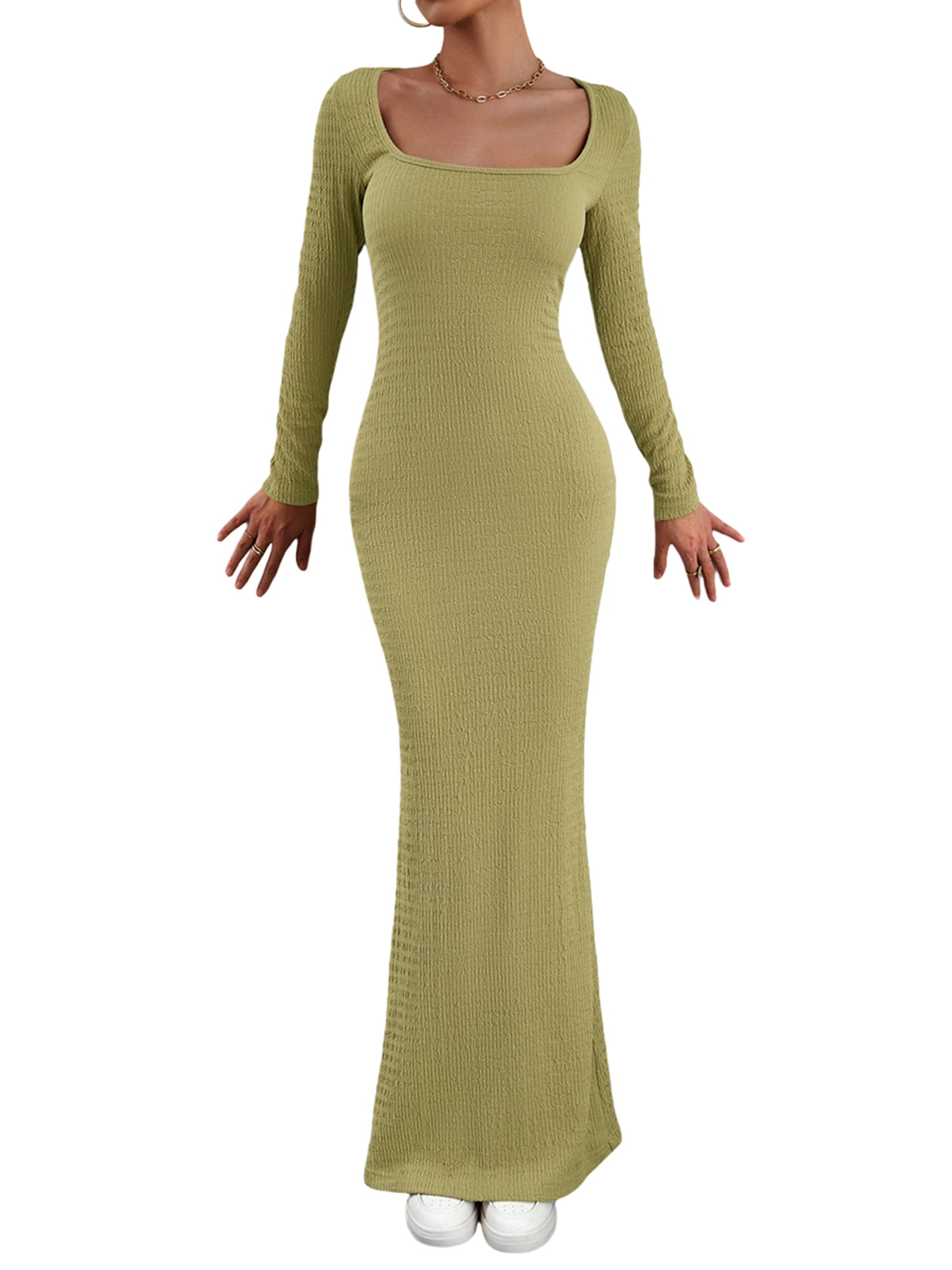 Tsseiatte Women Knit Dress, Long Sleeve Square Neck Solid Slim Fit Fall Cocktail Dress Long