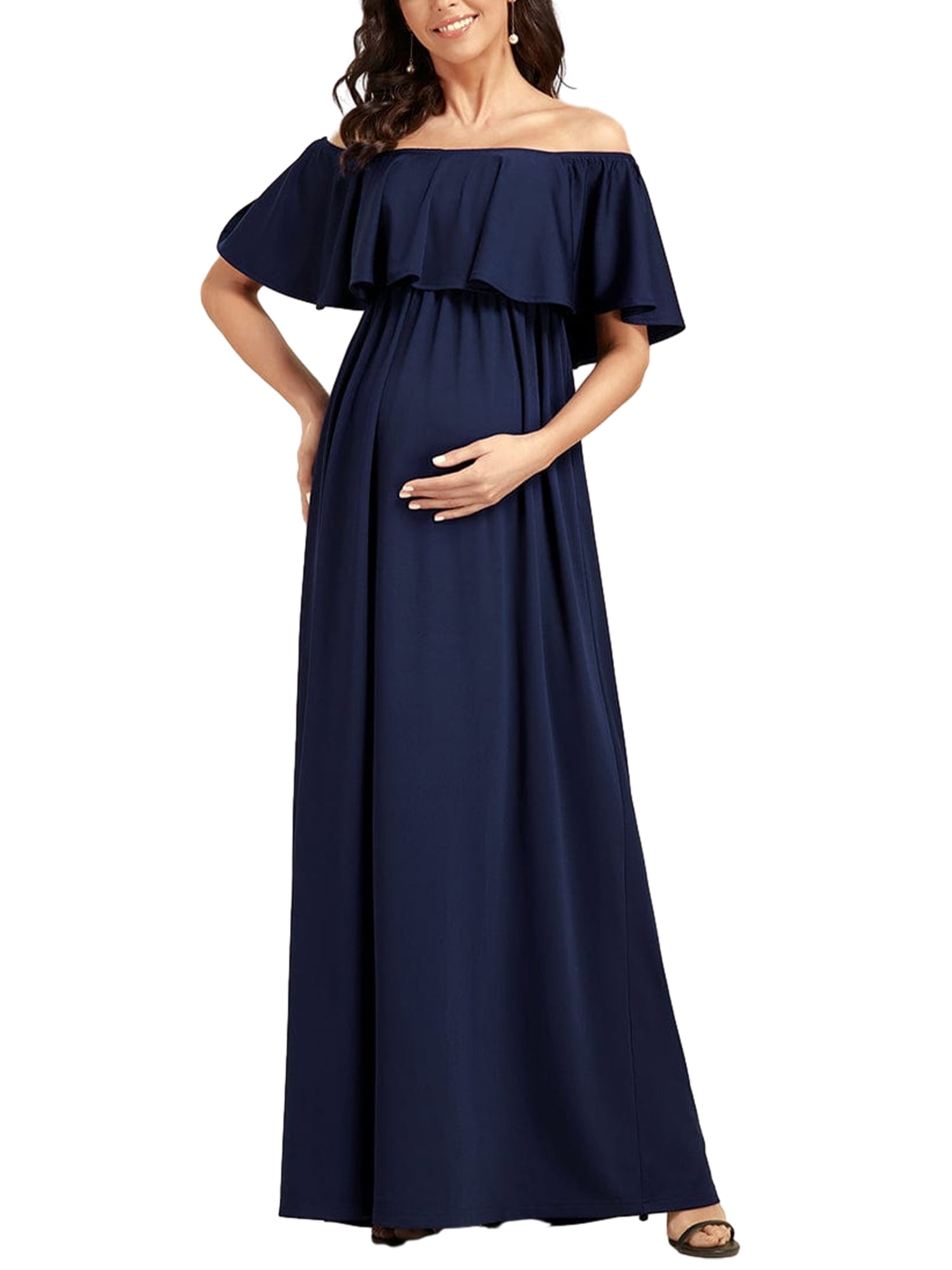 Tsseiatte Women Maternity OffShoulder Dress Solid Color Ruffled Cual Long Dress for Photoshoot