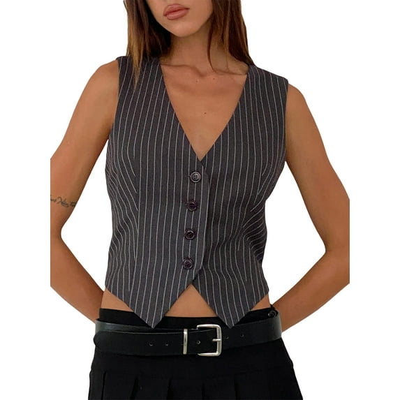 Tsseiatte Women Pinstripe Vest, Sleeveless V Neck Button Vest Outwear Gilet for Casual Street