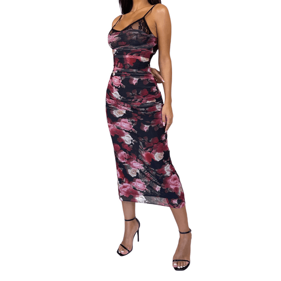 Tsseiatte Women's Midi Cami Dress Floral Print Lace Patchwork Spaghetti Strap V-Neck Bodycon Dress for Club Party