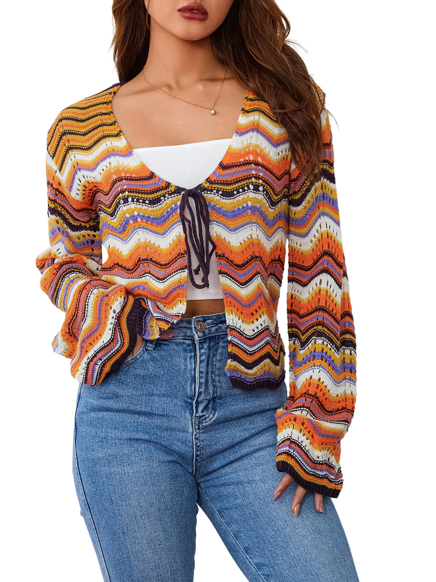 Tsseiatte Women's Spring Autumn Knit Sweater Long Sleeve V Neck Tie Up Colorful Striped Knitwear - image 1 of 6