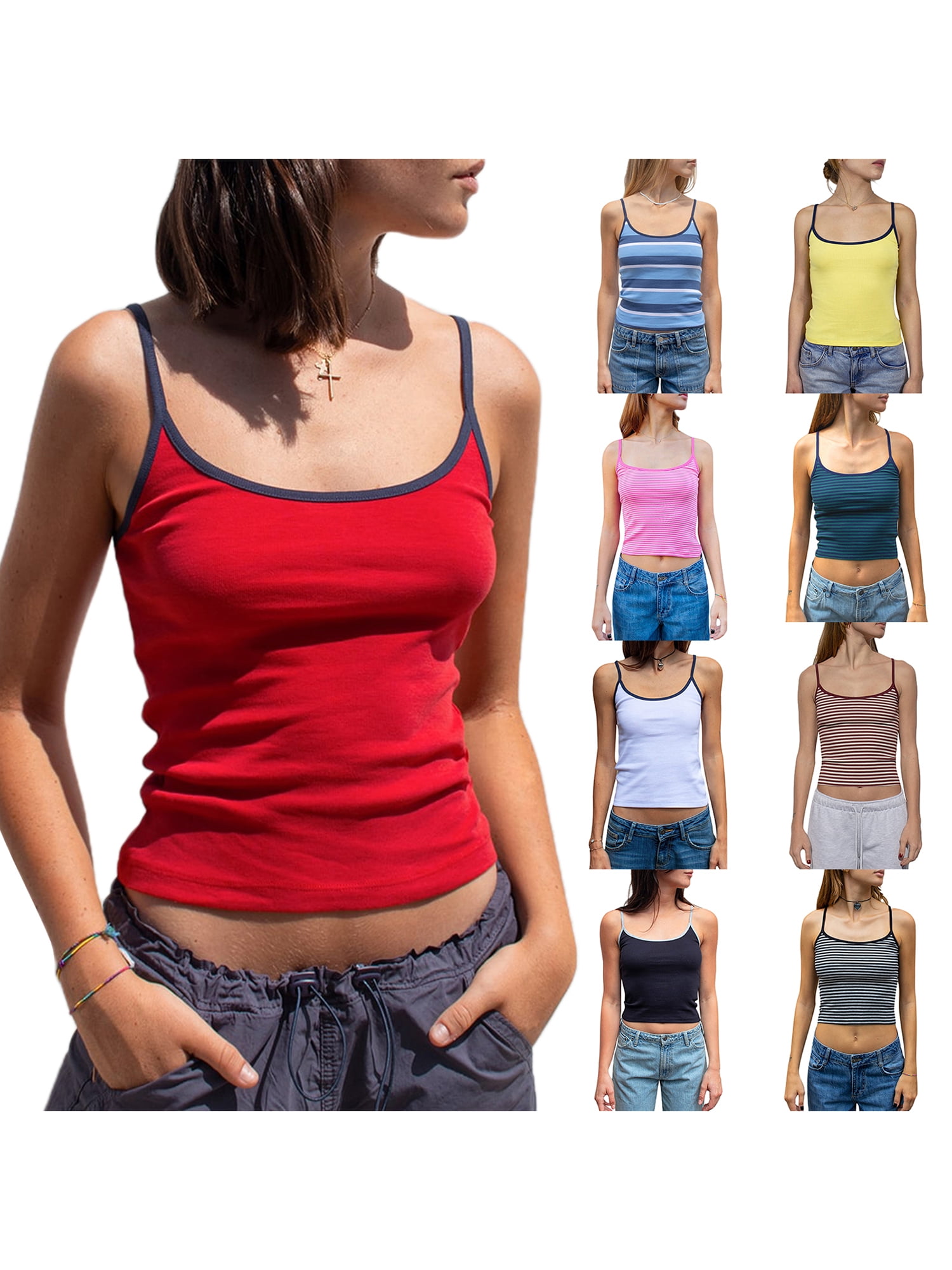 Tsseiatte Women s Summer Cute Crop Top Contrast Trim Spaghetti Strap Slim Fit Vest Going Out Camisole