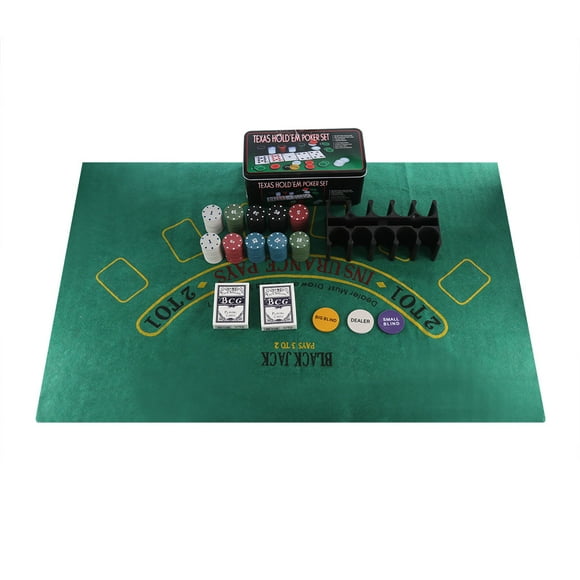 Tssuoun 200 Poker Game Texas Hold'em Set Gaming Mat Chips 2 Decks Playing Card Tin Box