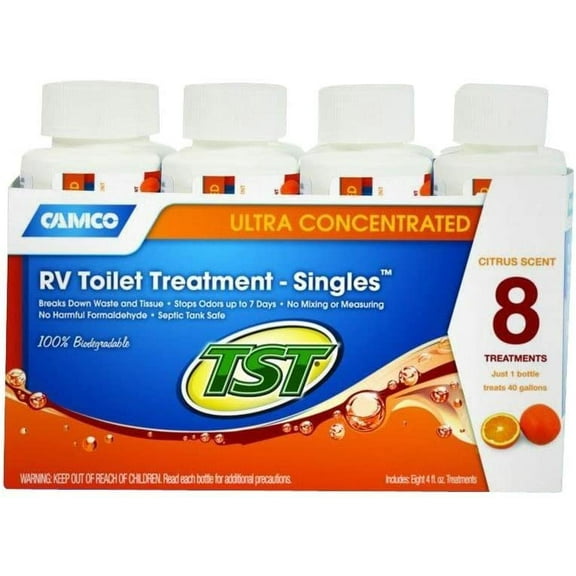 Camco TST Power Singles Orange - RV Holding Tank Treatment - 8 Pack, 4 oz Bottles