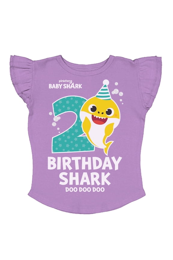 2nd Birthday Baby Shark Shirt 2 Year Old Birthday Toddler Girl Ruffle Sleeve Top 5T Lavender