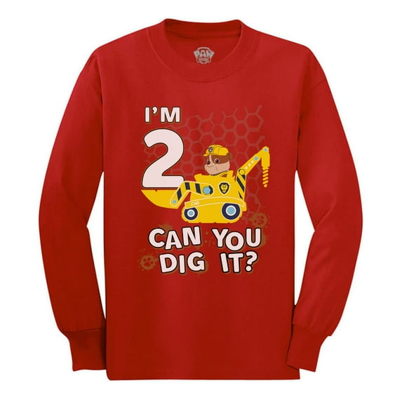 Tstars 2nd Birthday Paw Patrol Rubble Tractor T-Shirt - Perfect Gift for 2-Year-Old Boys - Unisex Long Sleeve Birthday Tee - Ideal for Birthday Party Celebrations