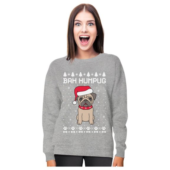Tstars - Bah Humpug Funny Ugly Christmas Puppy Pug Dog Women Sweatshirt Large Gray