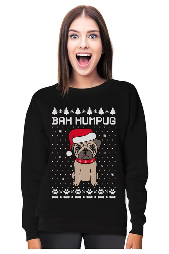 - Bah Humpug Funny Ugly Christmas Puppy Pug Dog Women Sweatshirt Small Black
