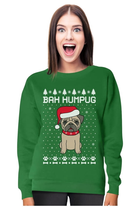 - Bah Humpug Funny Ugly Christmas Puppy Pug Dog Women Sweatshirt X-Large Green