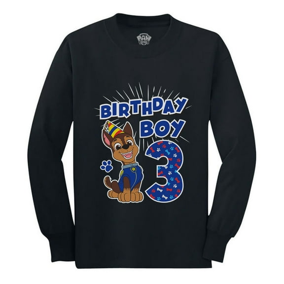 Tstars Boys 3rd Birthday Paw Patrol Chase Shirt - Officially Licensed Birthday Tee for 3 Year Old - Perfect Kids Party Outfit - Memorable Birthday Gift for Toddlers - Graphic Print Long Sleeve T-shirt